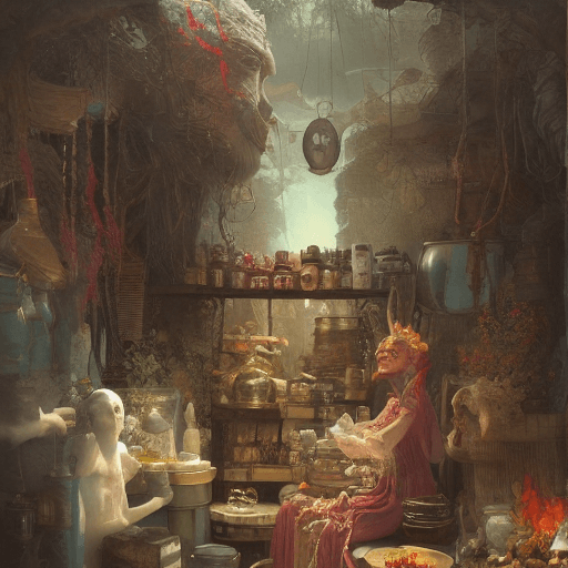 AI generated: potent potions apothecary, roadside popcorn monster,  by tom bagshaw as ruan jia  as lemonade guns, ...