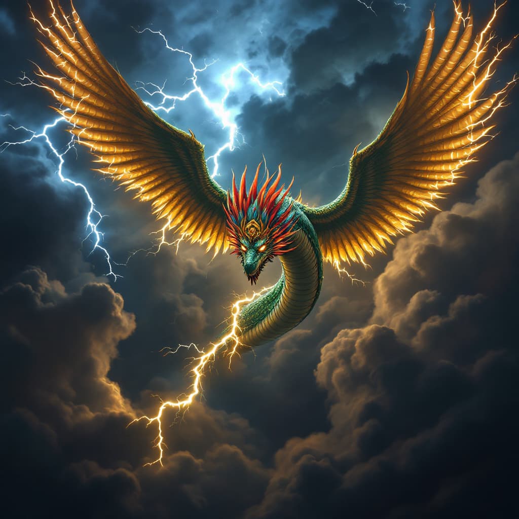 AI generated: A hyper-realistic depiction of Quetzalcoatl, the Mesoamerican feathered serpent god, flying through ...
