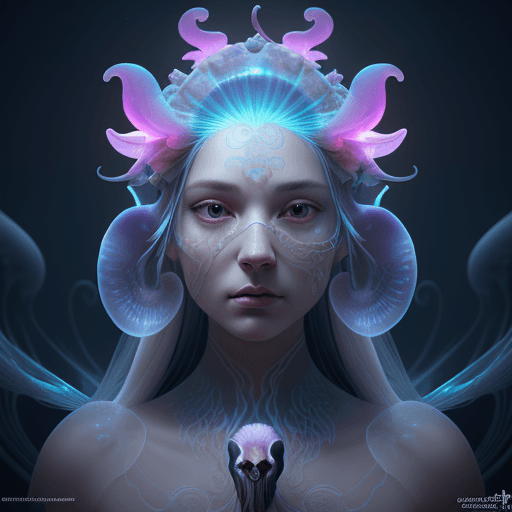AI generated: Goddess close-up portrait ribcagel. jellyfish phoenix head, nautilus, orchid, skull, betta fish, bio...