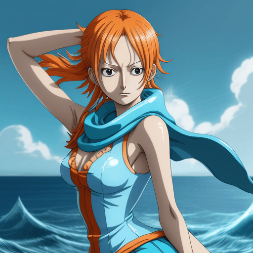 AI generated: one piece art, Nami, in the style of solarization effect, bright orange and blue, uhd image, charmin...