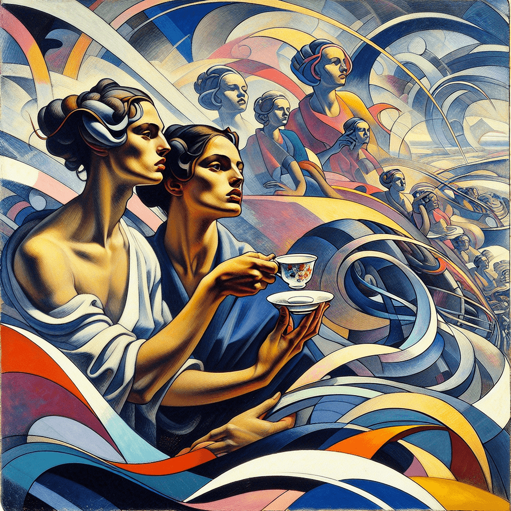 AI generated: style Futurist Manifesto art, two women holding a tea cup