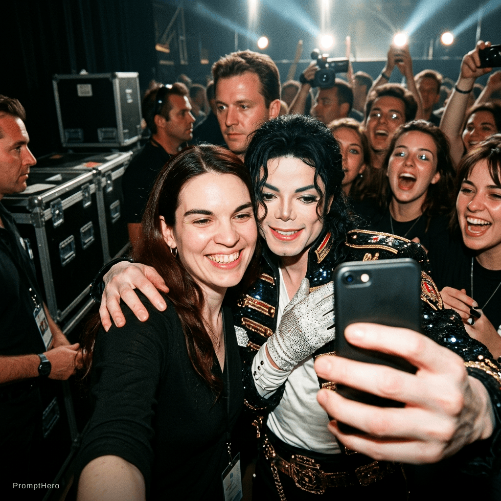 AI generated: with Mickael Jackson backstage at a concert, excited fans vibe