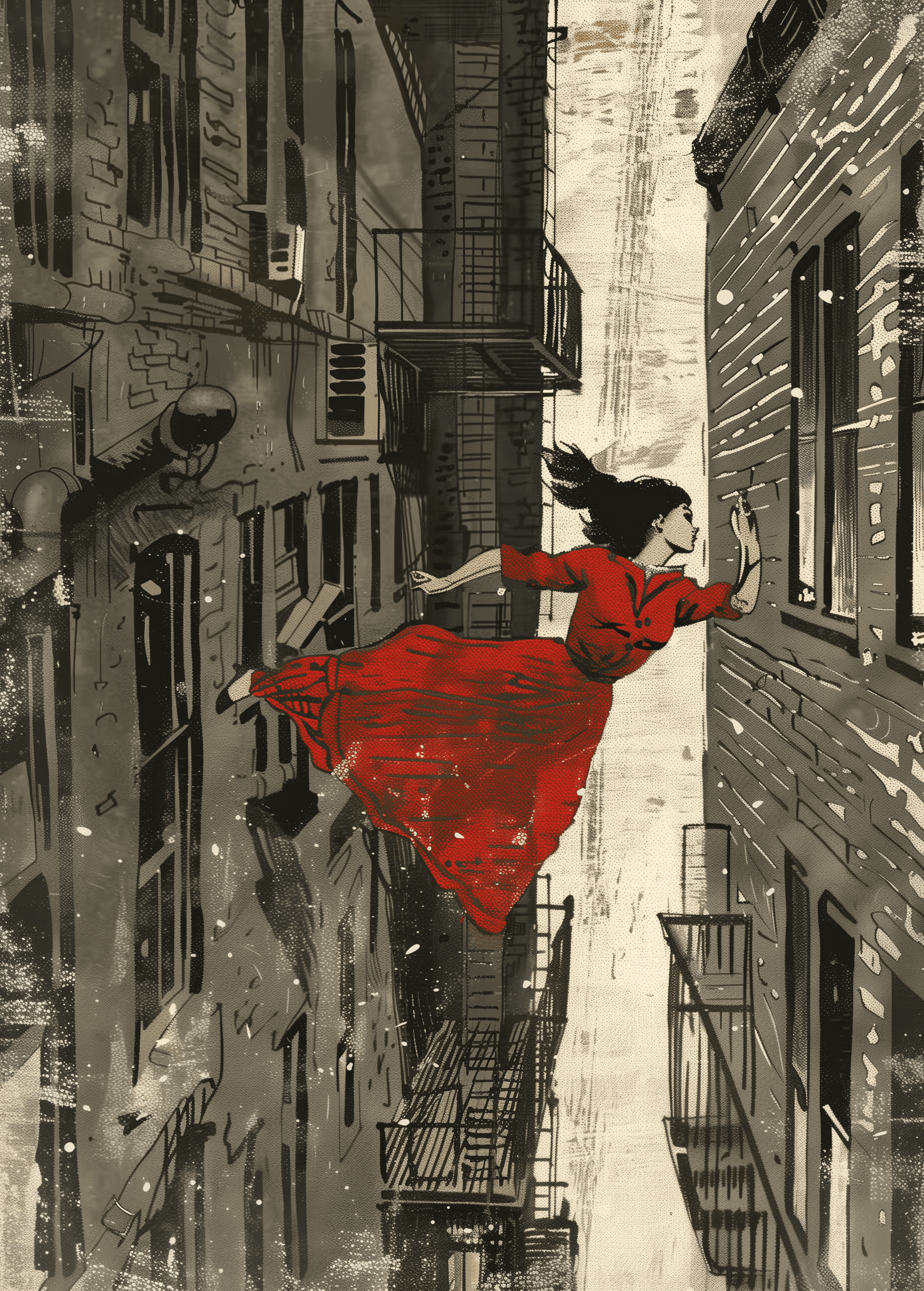 AI generated: a woman in red dress falling backwards out of an apartment window, view from street level, drawn by ...