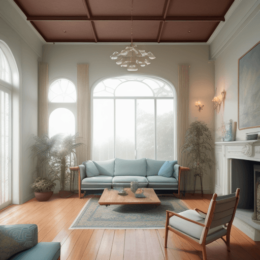 AI generated: High resolution photography interior design, dreamy sunken living room conversation pit, wooden floo...