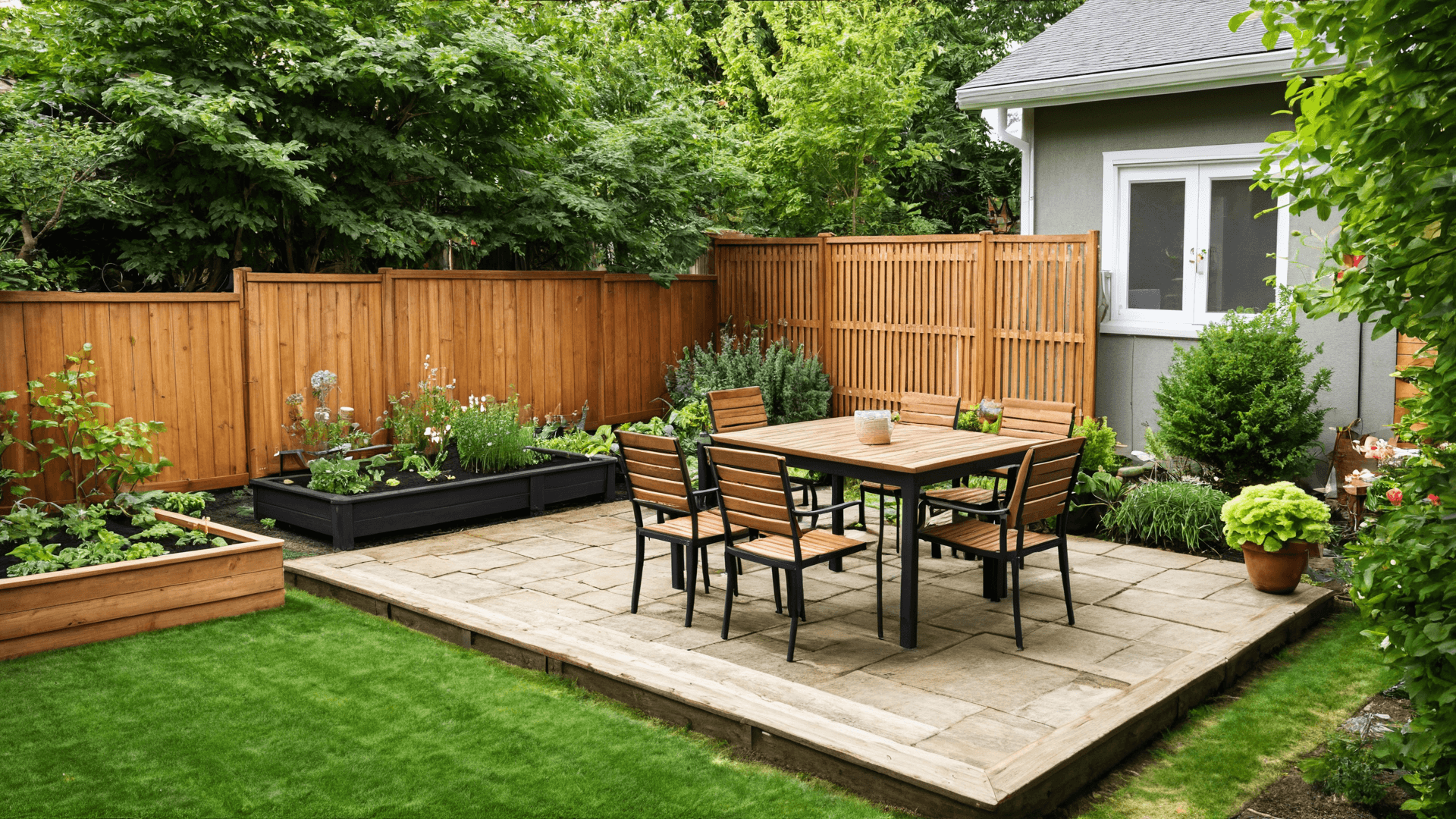 AI generated: a backyard garden with a wooden fence and a small table with chairs