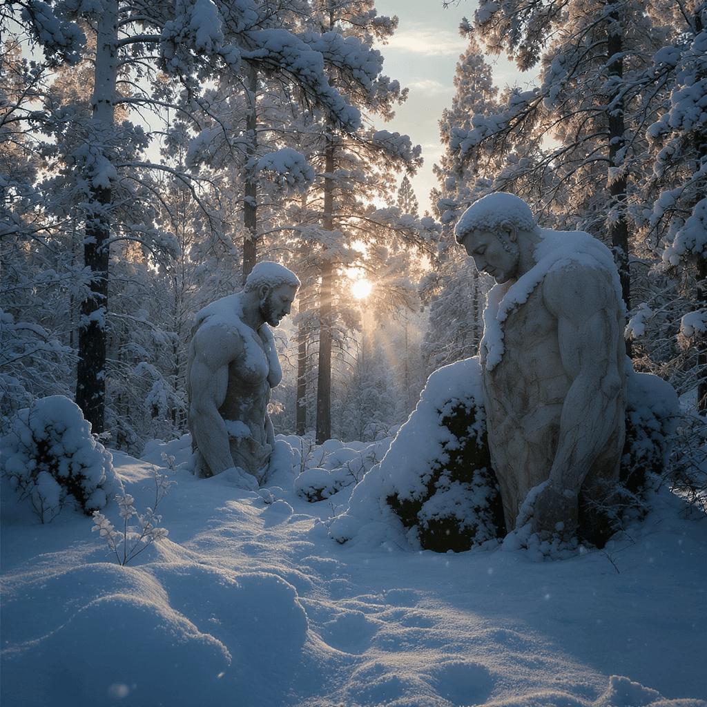 AI generated: "Fotografía hiperrealista, cinematográfica, de un bosque de abetos cubierto de nieve prístina y pesa...