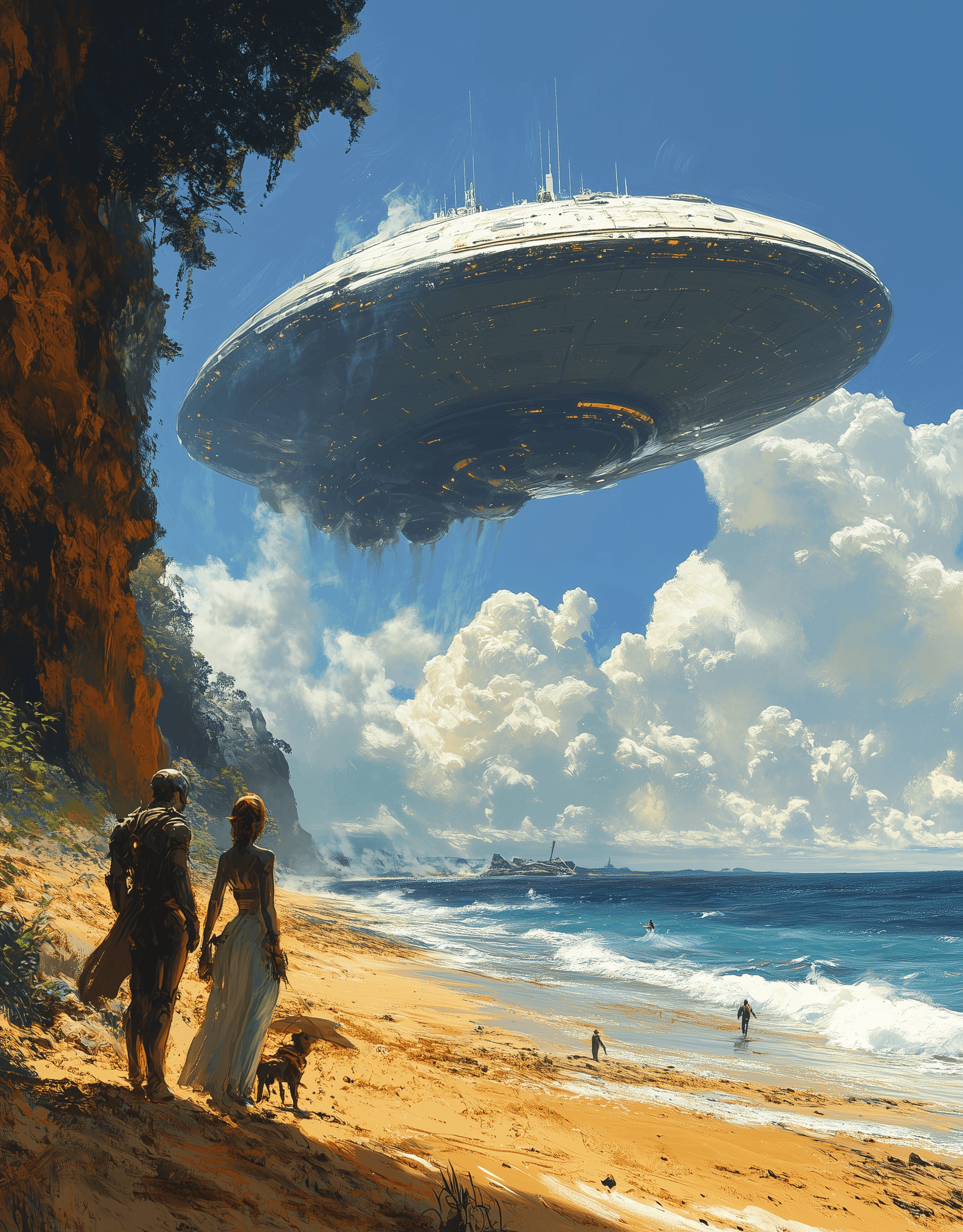 AI generated: An alien and human couple standing on the beach next to an airship, with a blue sky and white clouds...