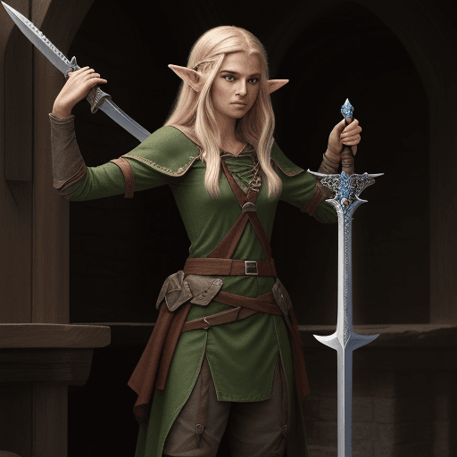 AI generated: half-elf mage clasping a sword adorned in well worn travelers attire standing
