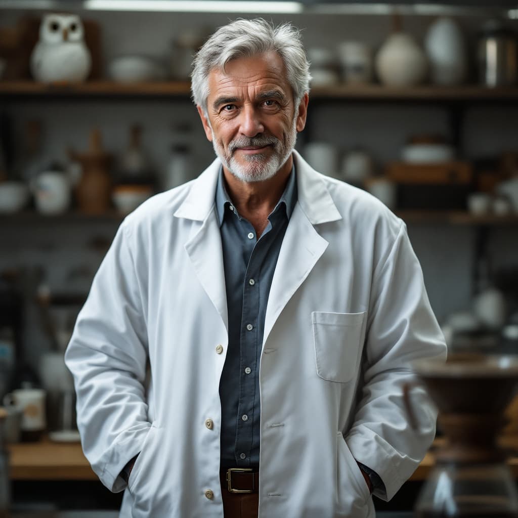 AI generated: Create an image of a man between 40 and 45 years old with some gray hair, with a white coat like a s...