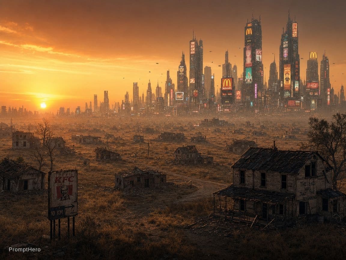 AI generated: So the landscape is meadows and a few trees and full of abandoned houses a lot and lights like the S...