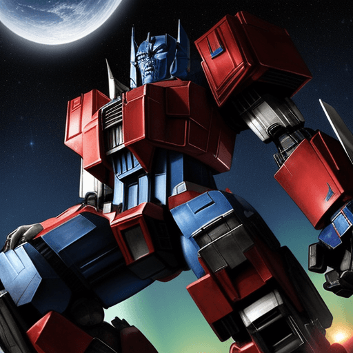 AI generated: optimus prime looking de sky in the night and autobots falling down to safe the earth form deceptico...