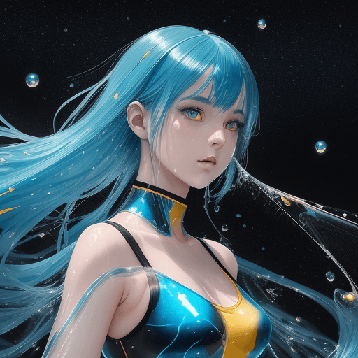 AI generated: illustration of a girl with blue hair, clear plastic leotard, art print, in the style of dark yellow...