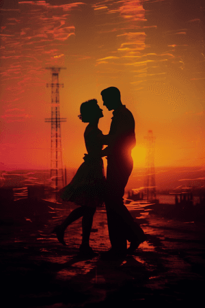 AI generated: A photograph of a couple dancing gracefully with vibrant colors and an epic sunset, shot by Miroslav...