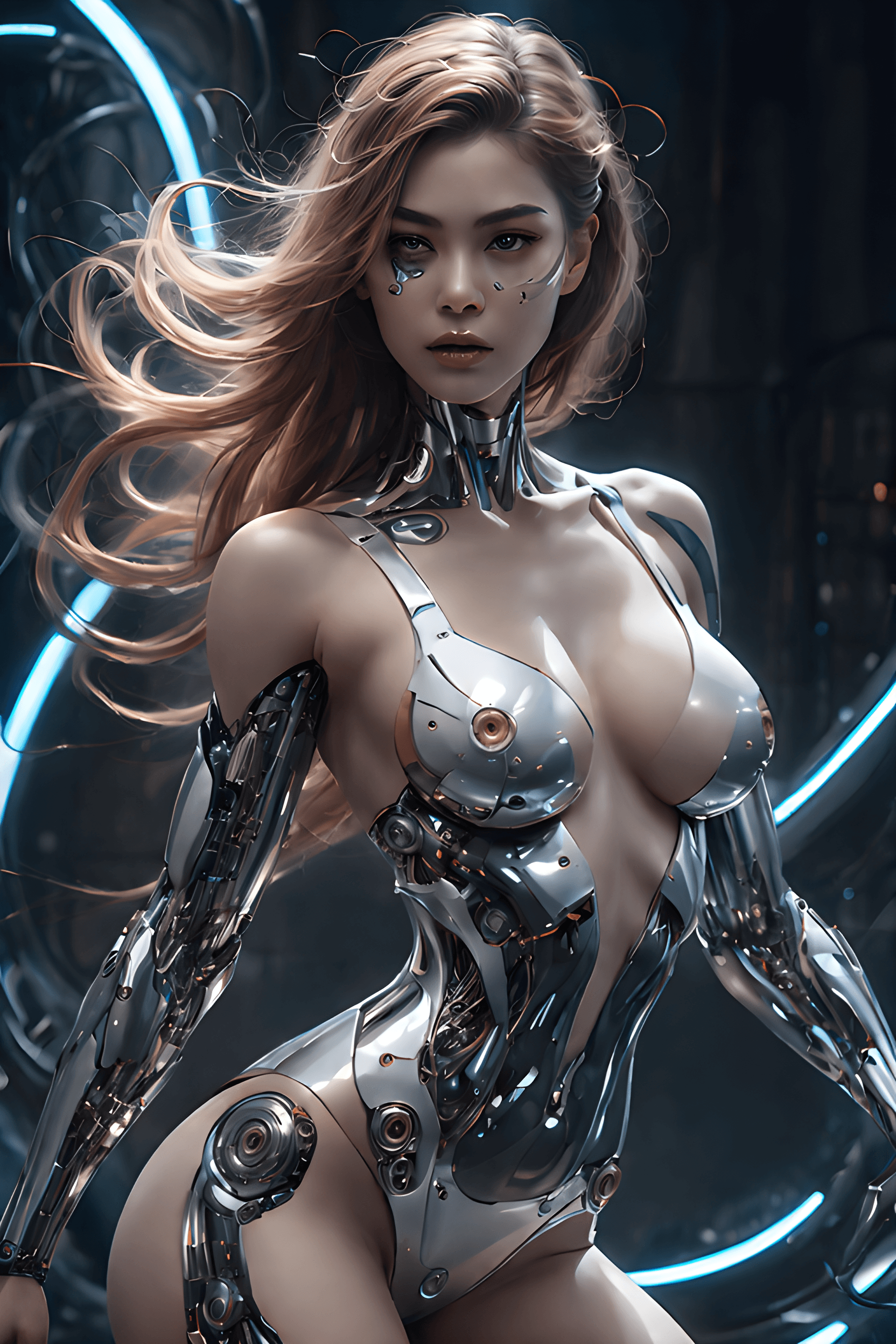 AI generated: A stunning portrait of the Cyborg Queen with Quiver of Gravity Waves,flesh,bionic parts in body and ...