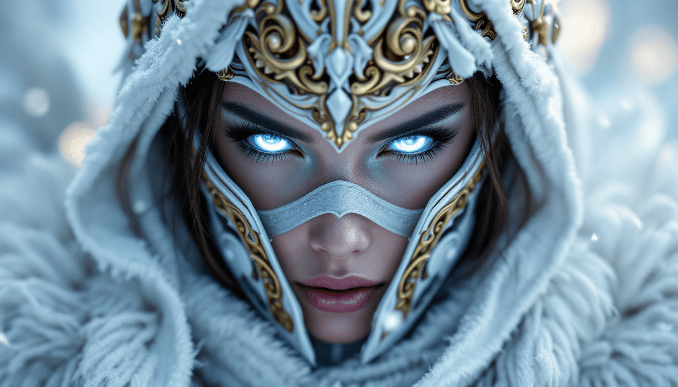 AI generated: Close-up portrait of a female warrior, wearing intricate white and gold ornate armor, featuring a ma...