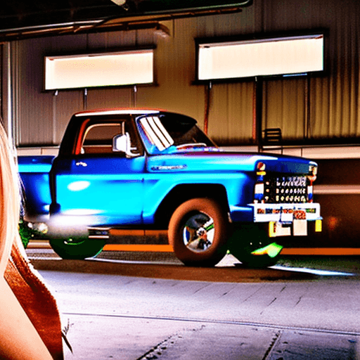 AI generated: Hyper realistic eye level exterior photo of a blonde-haired beautiful woman working on an old ford p...