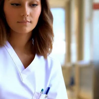 AI generated video: beautiful brown haired young nurse shows her leg on which she is wearing a stocking
