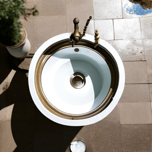 AI generated: view from above of clear clean water in a white enamel sink draining through a old bronze plughole