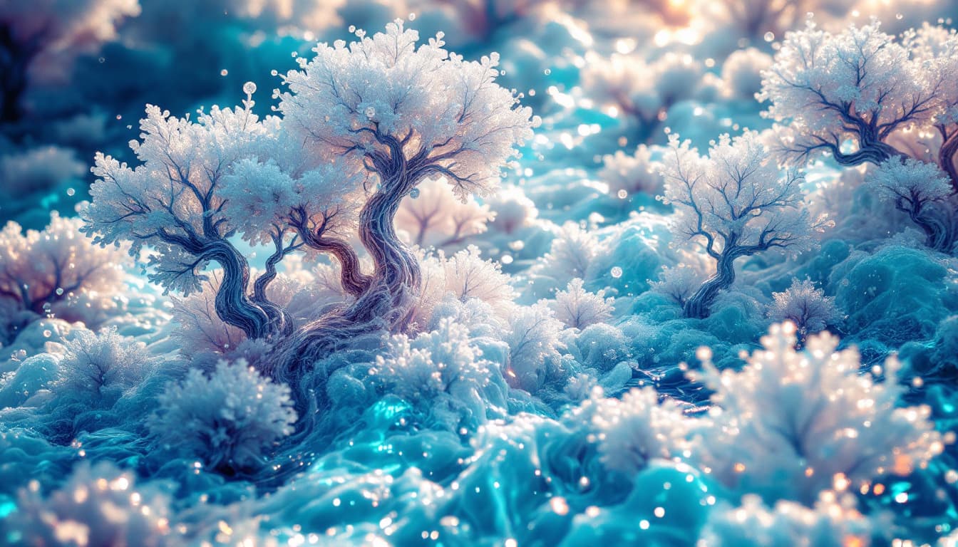 AI generated:   a fiction landscape in the ocean made of giant water trees, cluster of   sea foam flowers are bloo...