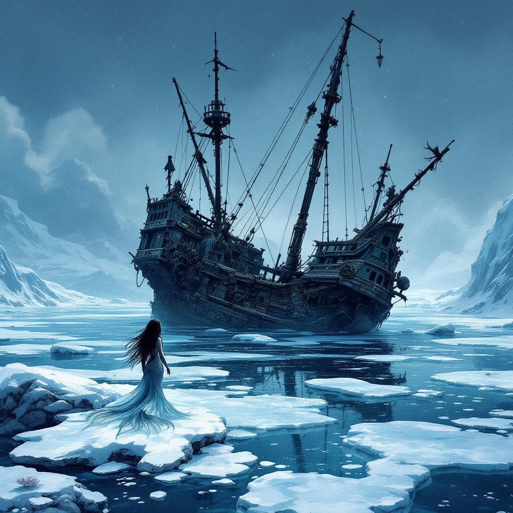 AI generated: A composite blend of adventure fantasy Illustration of a shipwrecked ancient decrepit broken in half...