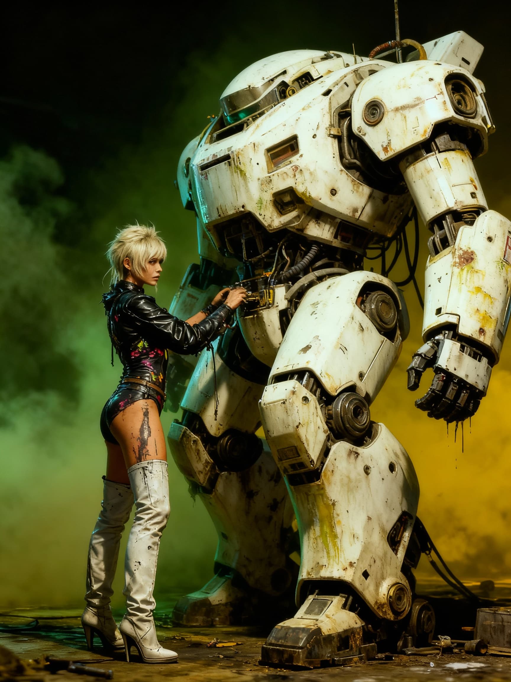 AI generated: A cyberpunk blonde fixes her white mech robot.Green yellow film filter,3d