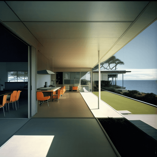AI generated: Hyper realistic eye level exterior photo of a mid century modern style house overlooking the ocean, ...