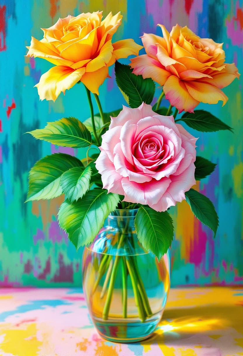 AI generated: Bright Colors, Bright 3D Transparent Arum Roses, With Few Shiny Leaves In A Vase Rainbow background ...