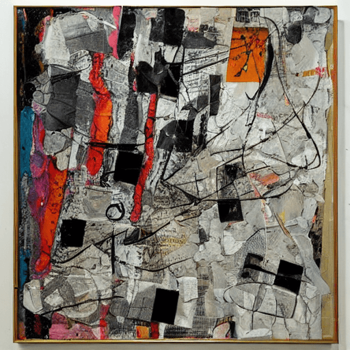 AI generated: mixed - media collage abstract painting in the style mark bradford. anselm kiefer figure-like shapes...