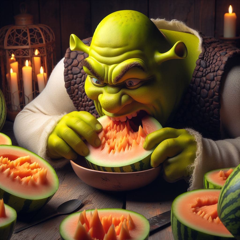 AI generated: Shrek smelling melons in the butcher's shop, humour