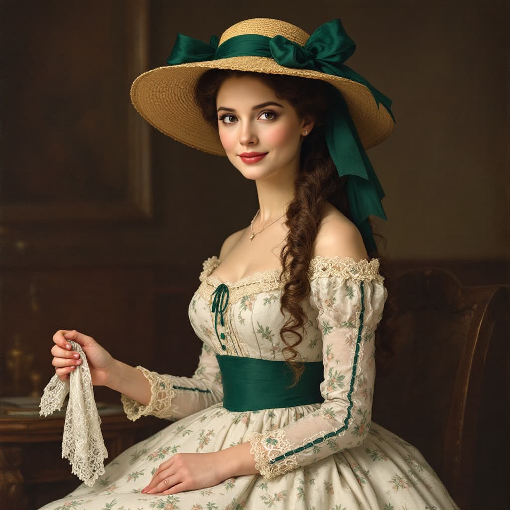 AI generated: Painting of Scarlett O'Hara, from the film Gone with the Wind, with fair skin and dark brown hair, s...