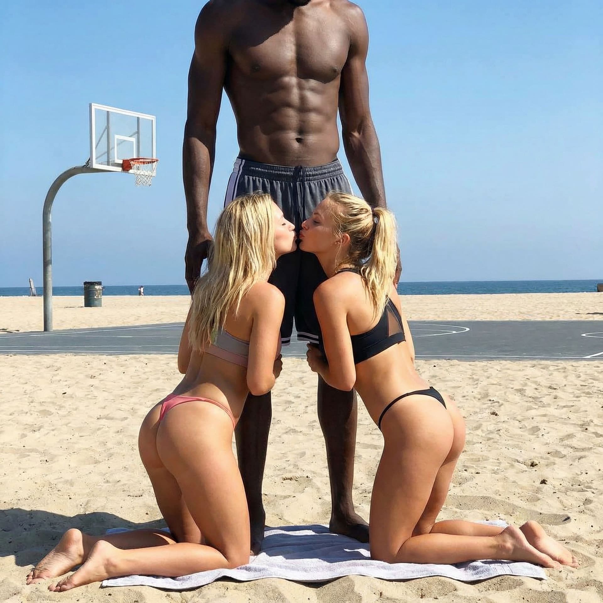AI generated: two large-breasted blonde women (32G cup equivalent, heavy and pendulous with realistic sag) wearing...