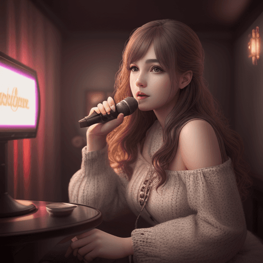 AI generated: beautiful girl with karaoke, interior design magazine, cozy atmosphere; 8k, intricate detail, photor...