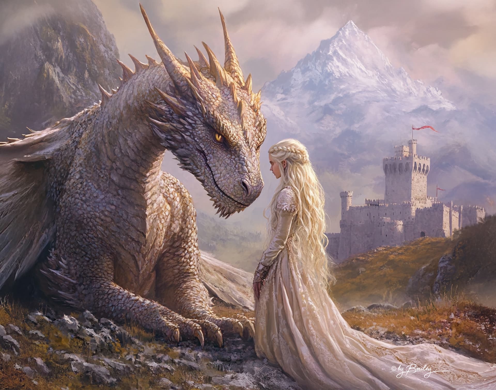 AI generated: The fine art depicts a dragon and a princess who tenderly leans towards the dragon, with a medieval ...