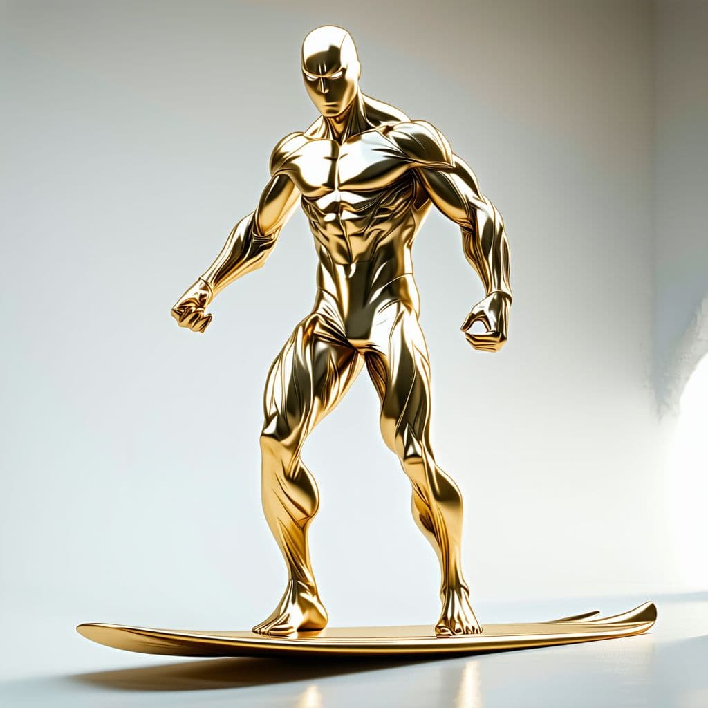 AI generated: A gold silver surfer inspired by the movie fantastic 4 and silver surfer however all features are ma...