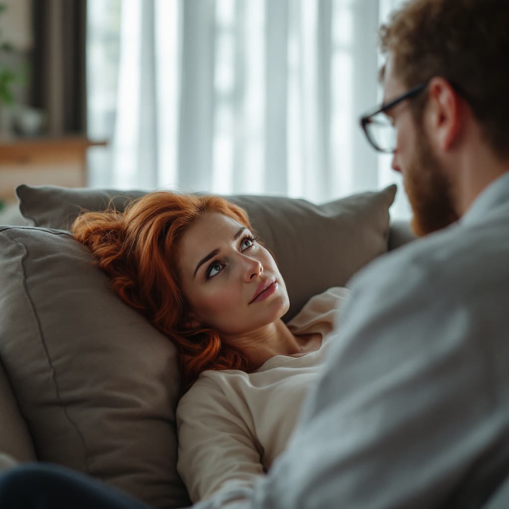 AI generated: Photo of a redhead mature woman Lying Down on the sofa, talking about her depression at psychologist...