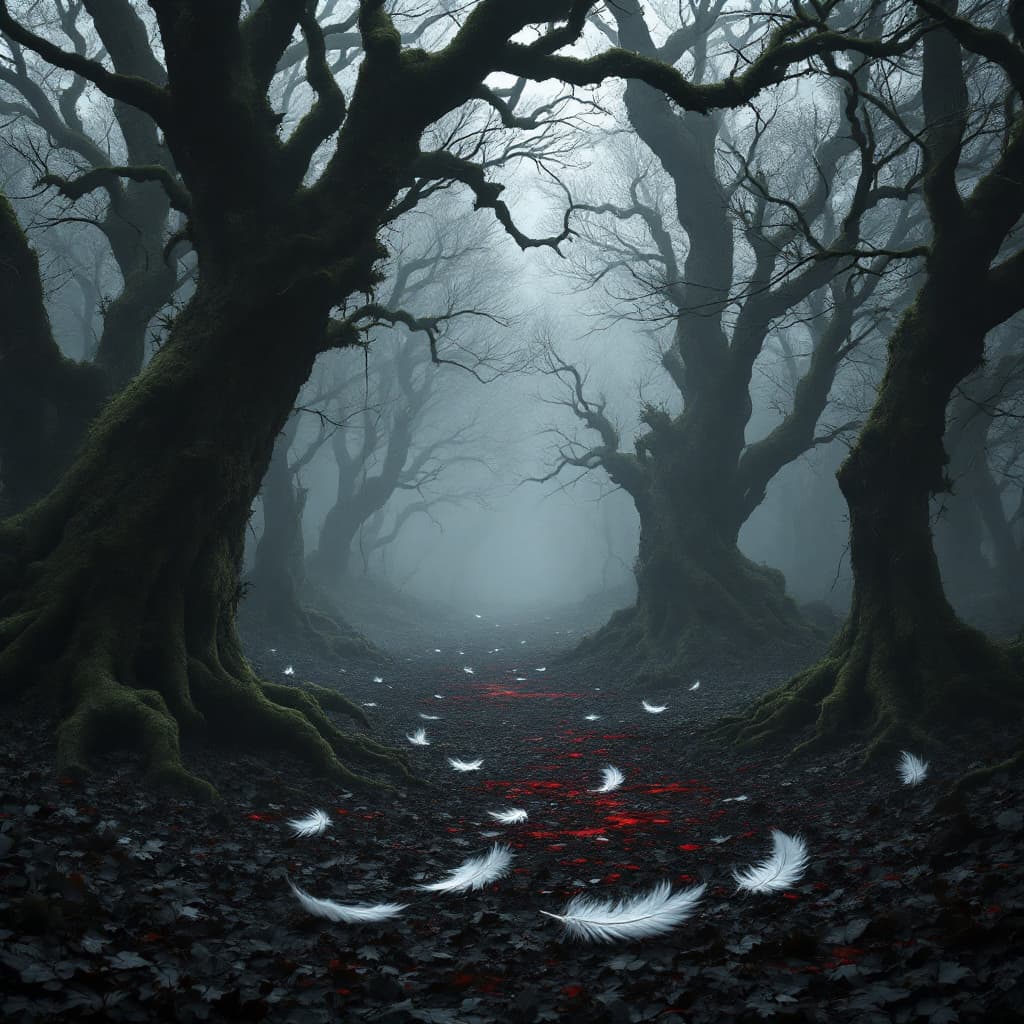 AI generated: /scene A grayscale forest clearing in misty ancient Britain. Moss-covered, twisted trees frame a sil...