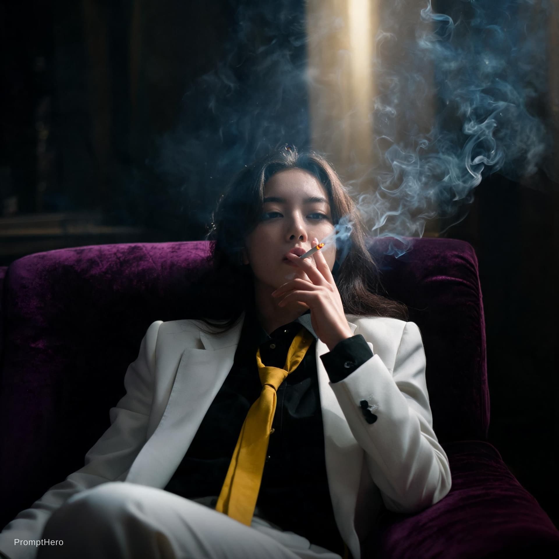 AI generated: snapshot, dimly lit room with a hazy atmosphere, capturing a meal
 model lounging on a deep purplcol...