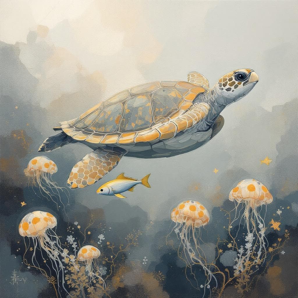 AI generated: acrylic painting, sea turtle gliding beside jellyfishes and fish,v calm geometry, layered texture, a...