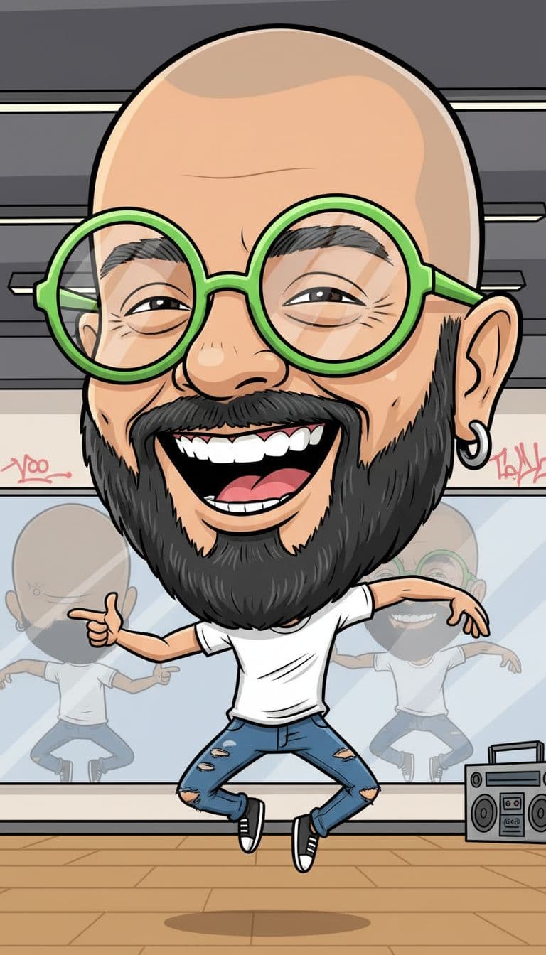 AI generated: funny caricature, hip-hop dancer caricature, a stylish young man with a lean, toned physique (around...
