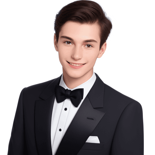 AI generated: 3/4 passport photo, young guy, in a tuxedo, smiling, white background, looking straight, small cheek...