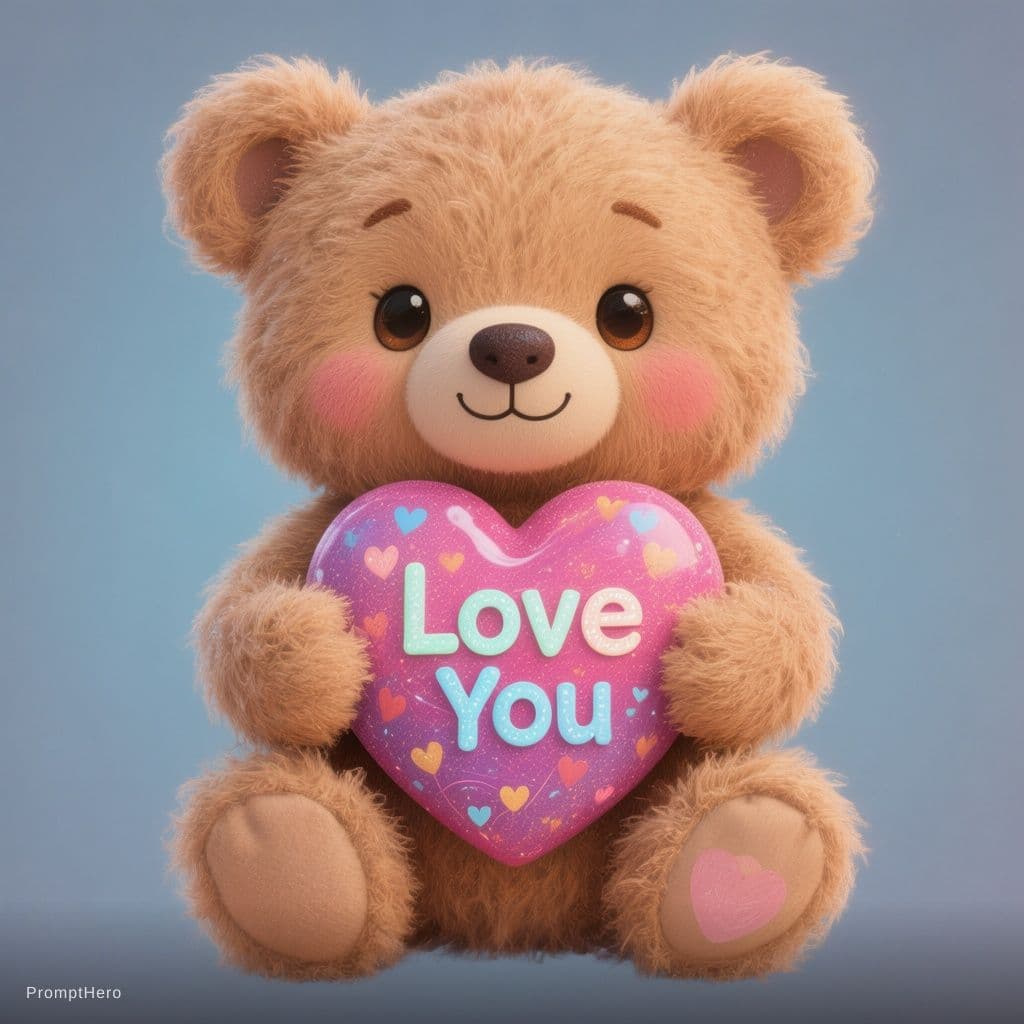 AI generated: Cute teddy bear holding a heart with “Love You” text, adorable smile, transparent background