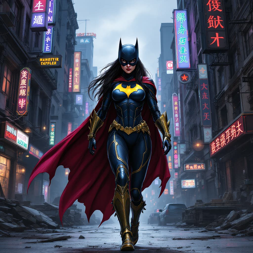 AI generated: Highly detailed digital illustration of a female superhero, Batgirl, walking confidently through a d...