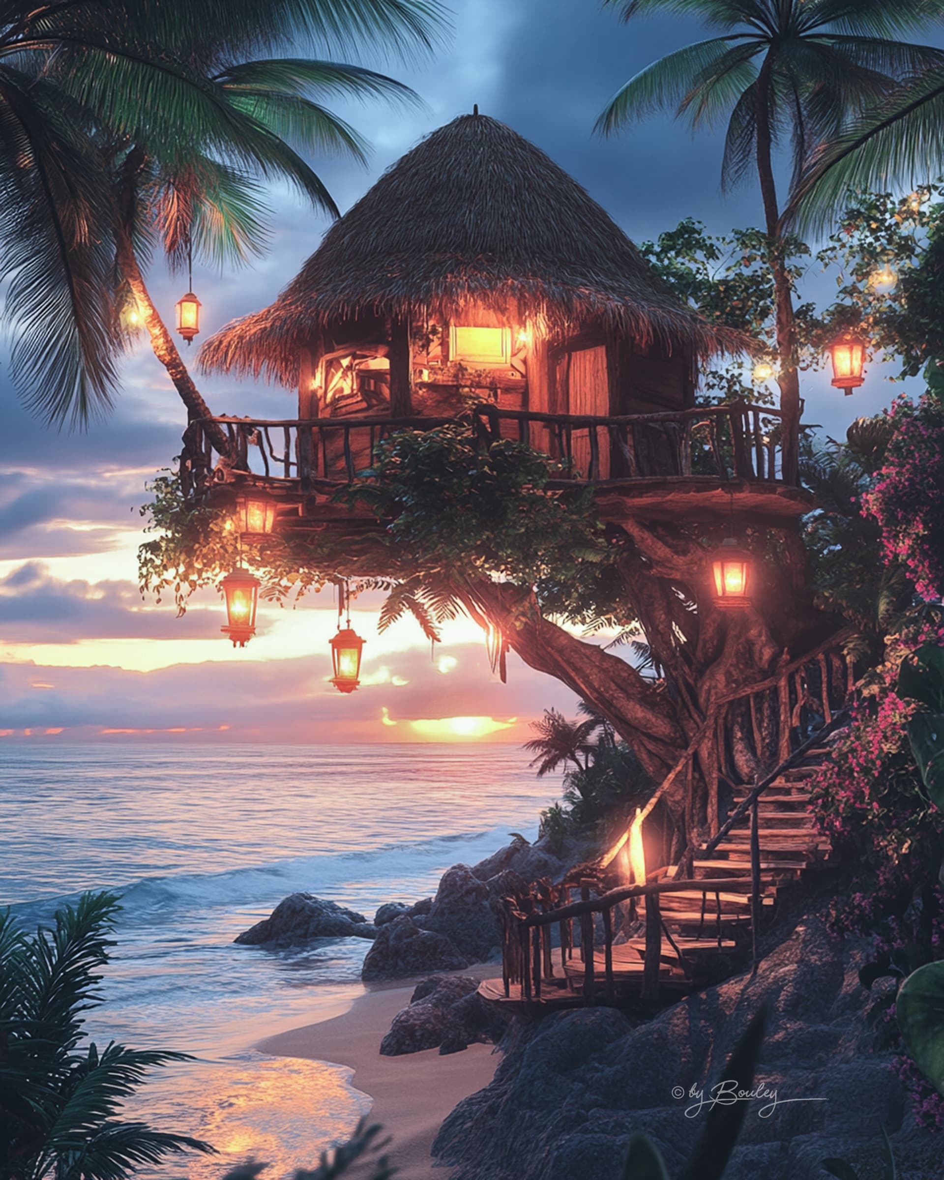 AI generated: a hyper-realistic palm treehouse on top of a palm tree, lanterns, Hawaiian flowers, beach, sunset, h...