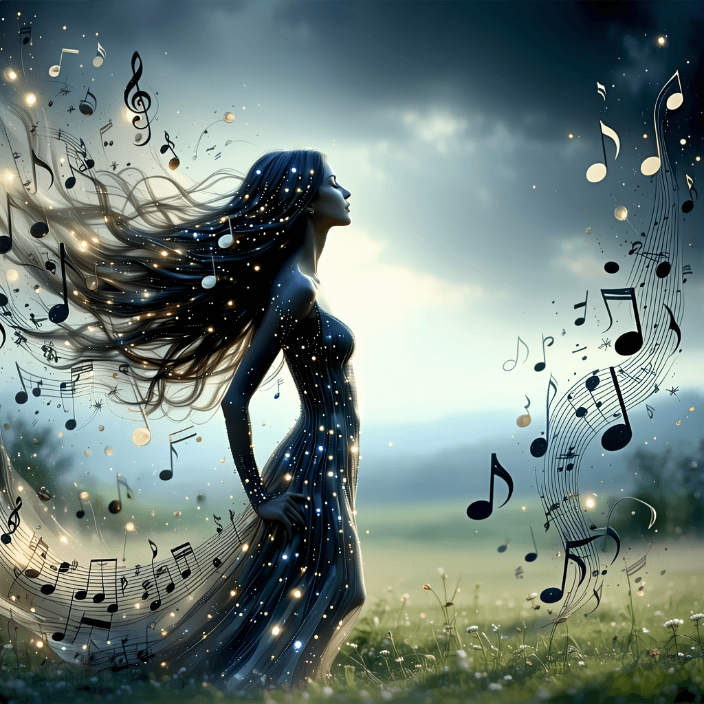 AI generated: A whimsical melody shaper, her form seeming to transform with every note that she creates, her long ...