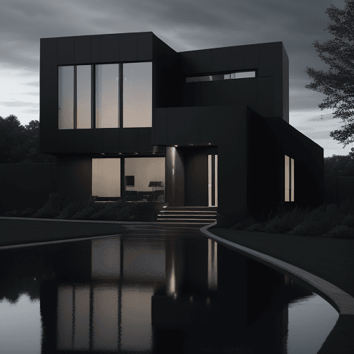 AI generated: a modern house that is light lit at summer day, in the style of dark reflections, richly layered, mo...