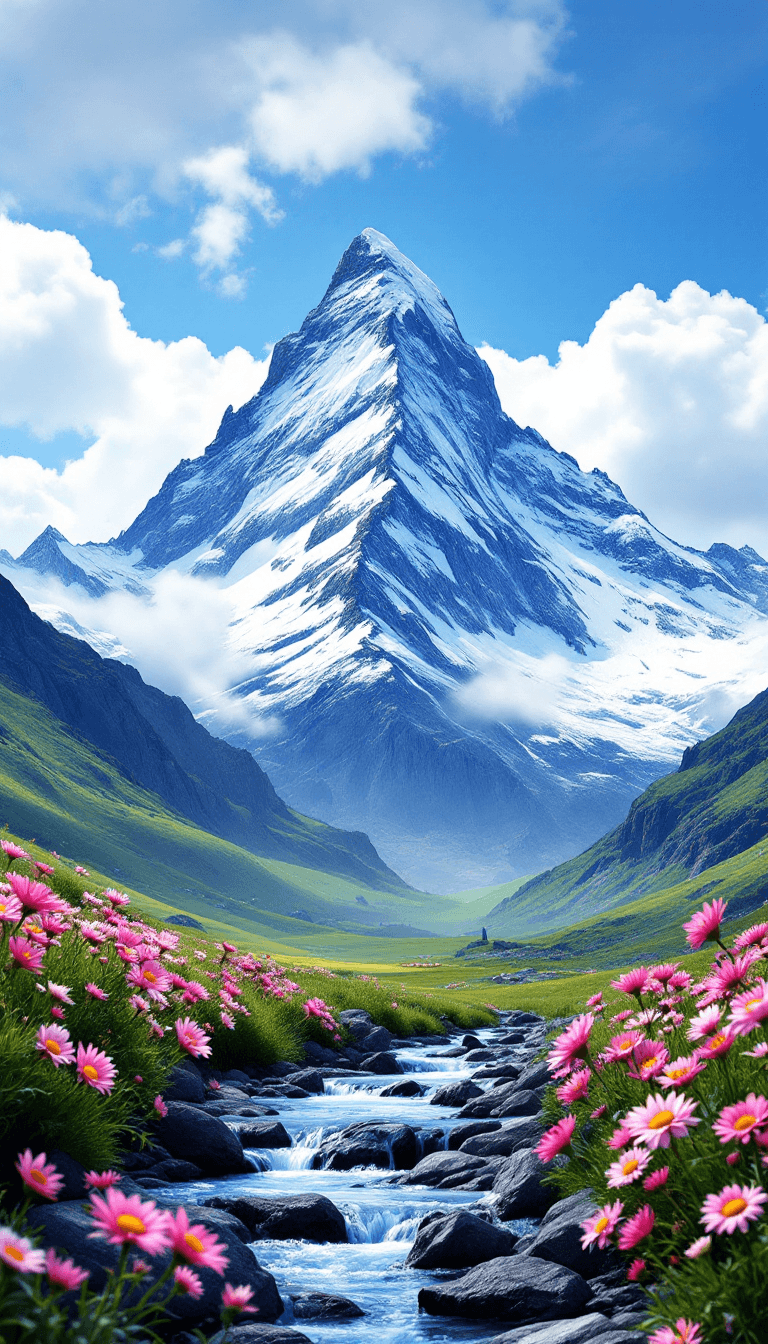 AI generated: A photorealistic landscape photograph of a majestic snow-capped mountain peak against a vibrant blue...