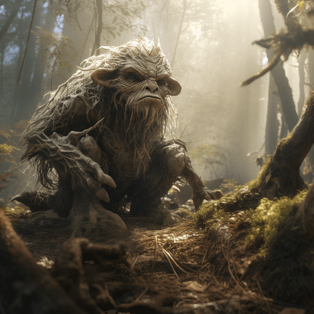 AI generated: full body of crawling creature found in the middle of a forest clearing, wide shot, snow on the grou...