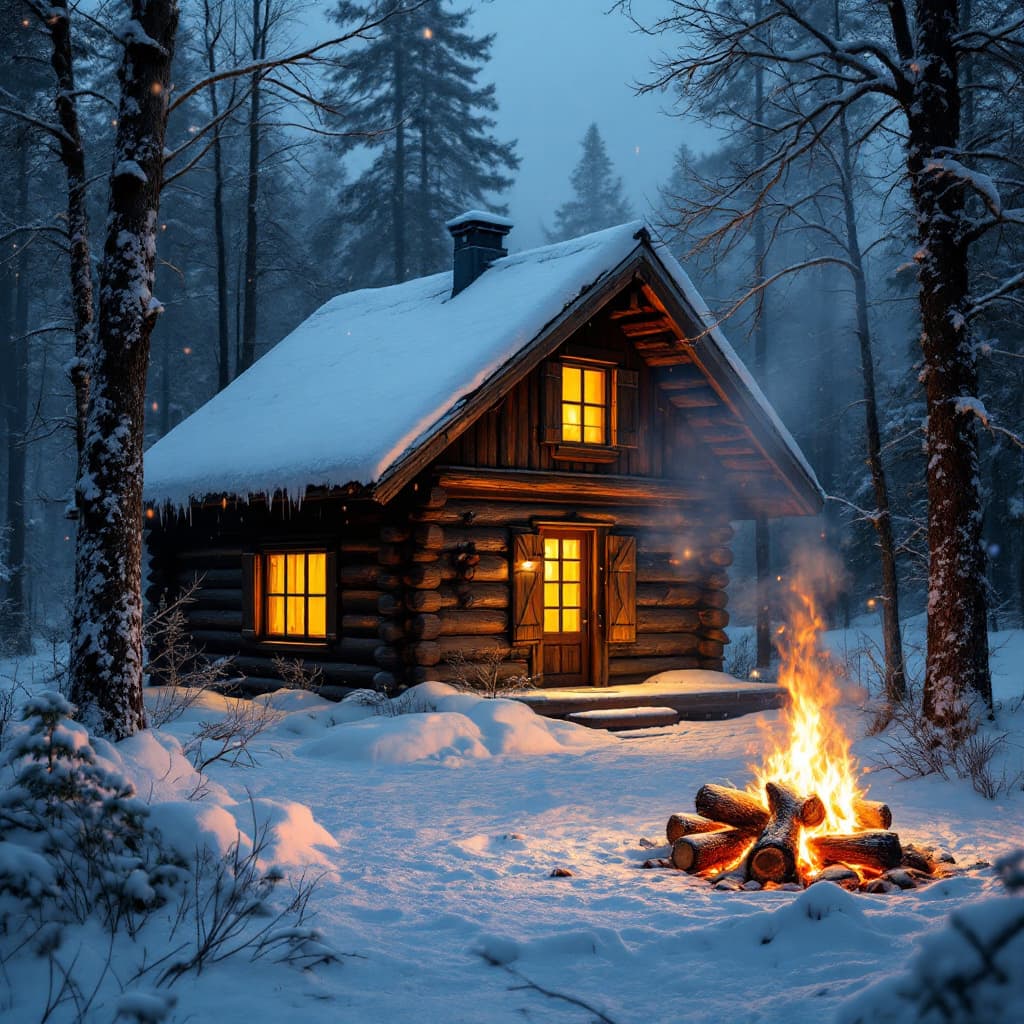 AI generated: Picture a cozy log cabin nestled deep in a tranquil winter forest, the snow blanketing the ground in...