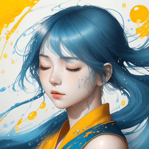 AI generated: a girl with blue hair with eyes closed, in the style of the stars art group (xing xing), yellow and ...