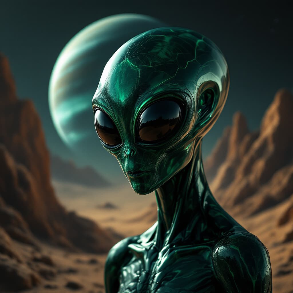 AI generated: an alien made of Velvet Malachite::2 big shiny black eyes, soulful eyes::planet in the background